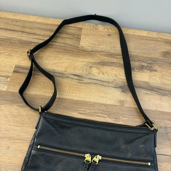 Fossil Elise Crossbody Bag Black Pebbled Leather Slim 3 Zipper Adjustable - Picture 10 of 13